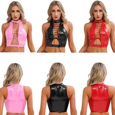 DE Damen Neckholder BH Metallic Oberteil Lack Leder Bauchfrei Shirt Schnür Weste