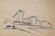 Architektur Entwurf Wohnungsbau unsign aquarelliert Bleistift Zeichnung 20 Jhd