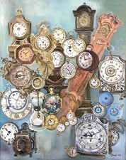 Ölgemälde Stillleben Taschenuhr Wanduhr Standuhr surrealen Anordnung dat. 2003