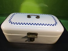 vintage Email Brotdose - blaues Würfelmster / Emaille weiß
