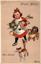 AK KINDER MIT SPIELZEUG MÄDCHEN MIT PUPPEN UND PUPPENWAGEN " GROßER UMZUG " 1906