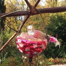 Antiker Weihnachtsschmuck Christbaumschmuck Vogelnest Mutter + 2 Küken selten104