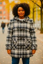 Dufflecoat Damenmantel Wolle Wollmantel Winterjacke Gr. 38 braun beige kariert