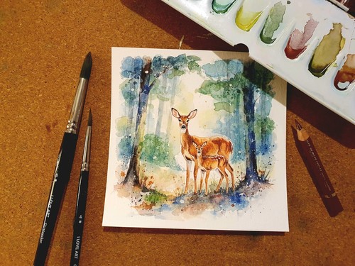 Aquarell rehmutter mit kitz - aquarell,