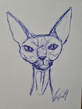 Schill A6 Original Zeichnung mit Kugelschreiber Kunst Skizze Tier Katze 