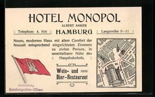 Vertreterkarte Hamburg, Hotel Monopol, Inh. Albert Anker, Anfahrtskizze, Flagge 
