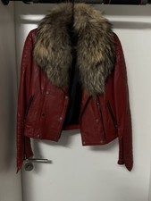 Damen Lederjacke mit Echtfellkragen Rot Größe L (Fällt Wie M Aus) Neu