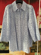 Damen Bluse Lochstickerei Free/Quent blau Gr. L Baumwolle, leichte Puffärmel