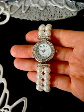 Damen Quarzuhr mit Perlenarmband Brautschmuck Geschenk Hochzeit Elegante Uhr NEU