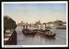 Magdeburg, Ansichtskarte, Elbpartie mit Schiffen 