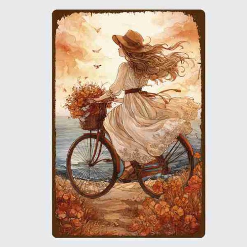 Blechschild frau mit - blechschild, fahrrad