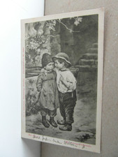 Künstler AK Ein wichtiges Geheimnis 2Kinder,Brunnen,Steintreppe,Pflanzen gel.01