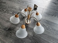 Deckenlampe Hängelampe Kronleuchter Honsel 5xE18 Edelstahl Glas Holz