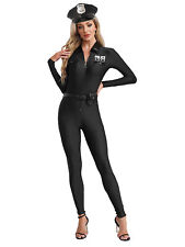 DE Frauen Polizistin Cosplay Kostüm Langarm Reißverschluss Bodysuit Uniform Set