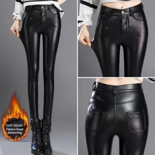 Damen Leder Optik Hose Push Up Classic Skinny Stretch Coated Biker Design