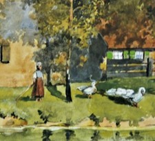 unsigniert, aber TOP-Aquarell: BÄUERIN MIT IHREN GÄNSEN AM WASSER