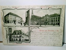 Gruss aus Zwickau. Alte Mehrbild Lithographie s/w. gel. 1904. Marienplatz, Ratha