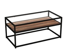 2-stufiger Couchtisch dunkel Nussbaum mit Aufbewahrung Glas Top Regal Metallrahmen 3,3 Fuß