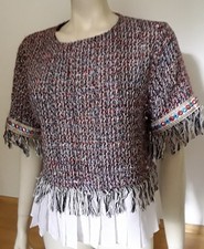 Zara Woman, Gr L, Kurzarm Pullover mit angenähtem Faltensaum und Fransen