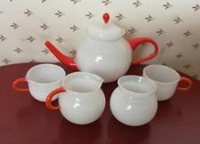 Lauscha Milch-Glas / Orange MINIATUR Kaffee Service Kanne Tassen Milchk. Zucker