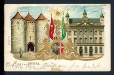 AK Neuss 1903 Obertor und Rathaus mit Stadtwappen im Prägedruck (PK0007