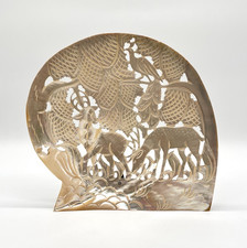 Asiatika - Chinesische Perlmutt Muschel Bild Geschnitzt Jagd Motiv Hirsche China