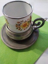 Mokkatasse Walküre Bayreuth Porzellan mit Zinnhalter und Unterteller Rein Zinn