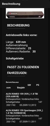 Antriebswelle links vorne - , alfa