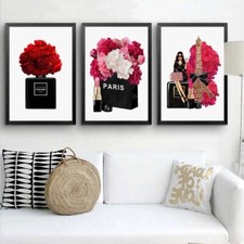 Poster Fashion Parfüm 3er Set A4 Paris Schwarz Rot Rosen Wanddekoration Deko 