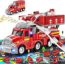 8in1 Feuerwehrwagen Station Truck Licht Sound Auto Transporter Kinder Spielzeug