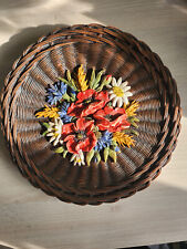 Wachsbild Relief Wandteller Handbemalt BLUMEN IN GEFLOCKTEN TELLER * TOP * 28 cm