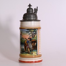 Antiker alter Bierkrug 1 Liter weiß Keramik Zinndeckel mit Bodenbild Trompeter