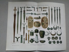 alte Chromo-Lithographie"Kultur der Metallzeit I "Bronze-Axt,Bronze-Hohlcel,1894