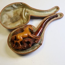 Prunkvolle Pferdefiguren Meerschaum Bernsteinpfeife, 18 cm im Etui         D28