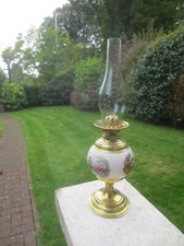 Vintage Messing und Glas Keramik Öllampe mit Kamin Hirtenhütte Öllampe