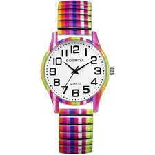 Vintage Damen Armbanduhr Elastisch Edelstahl Analog Große Zahlen Bunt