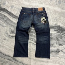 Vintage Ed Hardy 2000s Y2K Dark Wash Blue Embroidery Skull Denim Baggy 36 x 34 Jeans