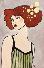 PORTRAIT Frau art nouveau Tusche Aquarell original 10x15