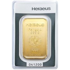 50 Gramm Goldbarren - 999,9 Gold - in Blisterkarte - Neuware - Heraeus