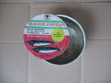 Alte leere Fischdose,Makrelenfilet, VEB Fischverarbeitung Barth, 29.6.72, DDR