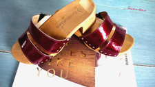 BERKEMANN Vintage Holz Clogs Leder Pantolette Original 70er Kirsch Rot 37