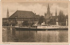 alte AK Konstanz - Bodensee 1926, Hafen - Kaufhaus - Münster - Zeppelin-Denkmal