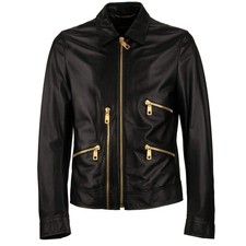 DOLCE & GABBANA Biker Lamm Leder Jacke mit Reißverschluss Taschen Schwarz Gold