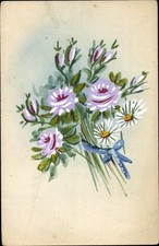 Handgemalt Ak Blumenstrauß, Blaue Schleife, Margeriten - 4110968