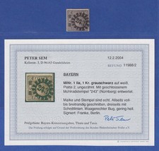 Bayern Schwarzer Einser gest. mit GMR 243 Nürnberg geprüft mit Foto-Befund BPP