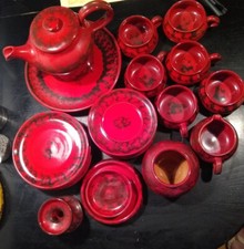 Dänisches Geschirr Kaffee / Tee für 6 Personen Handarbeit Vintage 70er Jahre rot