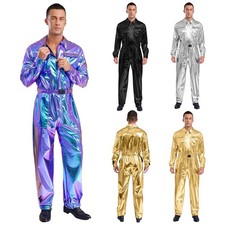 DE Herren 70er Disco Kostüm Overall Kostüm Metallic glänzend Strampler Clubwear