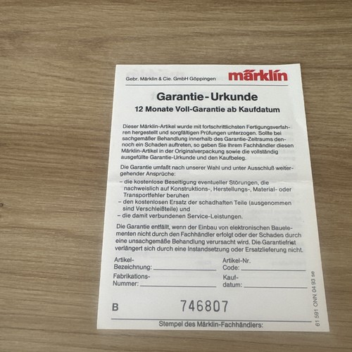 Märklin garantie urkunde - garantie,