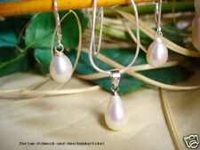 Ohrringe & Anhänger Perlenset aus echten Perlen Tropfen 8mm Weiß 925er Silber