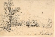 Sehr schöne Konrad Sommer Federzeichnung , Wiese mit Heuschober